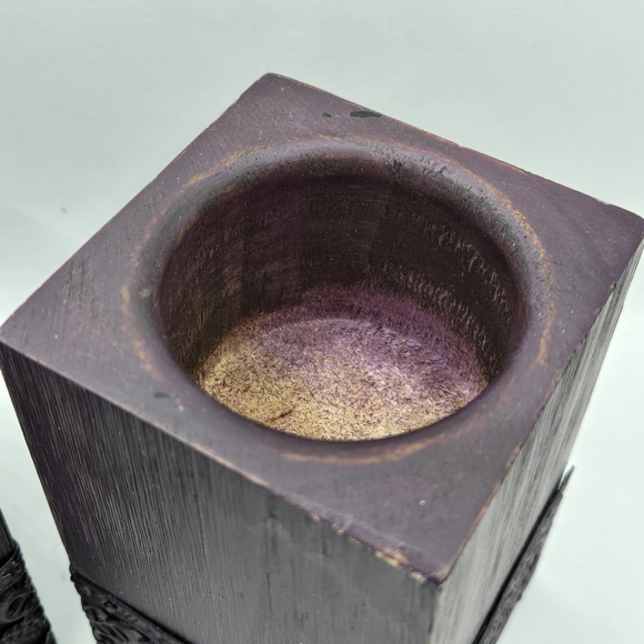 Pair Of Wooden Sugar Mold Wood Candle Holder Primitive Dark Purple 5" H - Picture 5 of 16